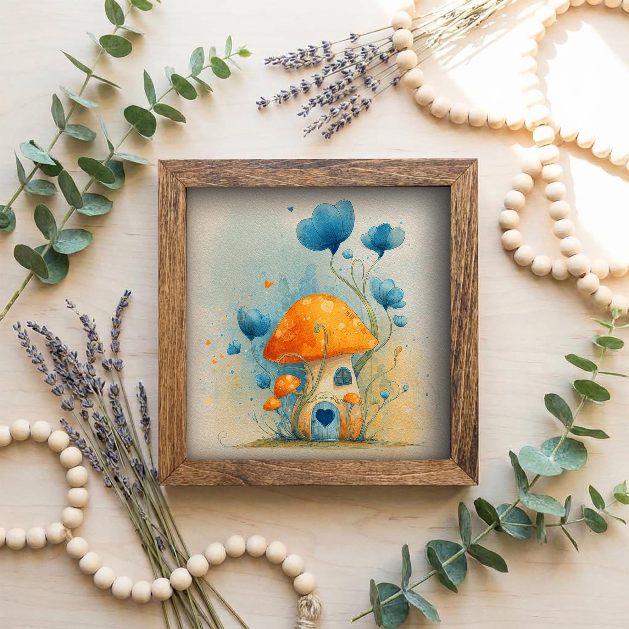 Whimsical Mushroom Cottage Framed Art | Fairy House Decor | Storybook Nursery Art | Rustic Farmhouse Frame