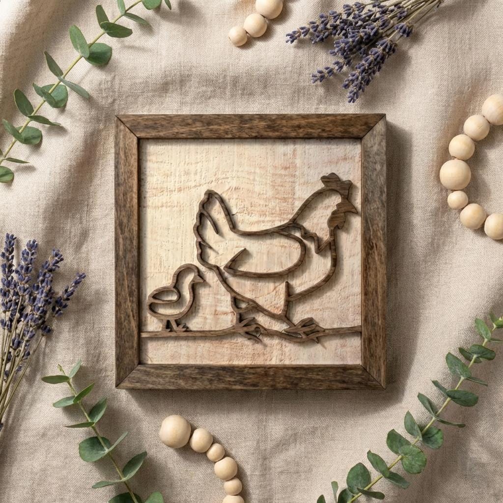 Rustic Farm Wall Art, Layered Wood Farm Decor, Hen & Chick Chicken Sign, Farmhouse Wall Hanging