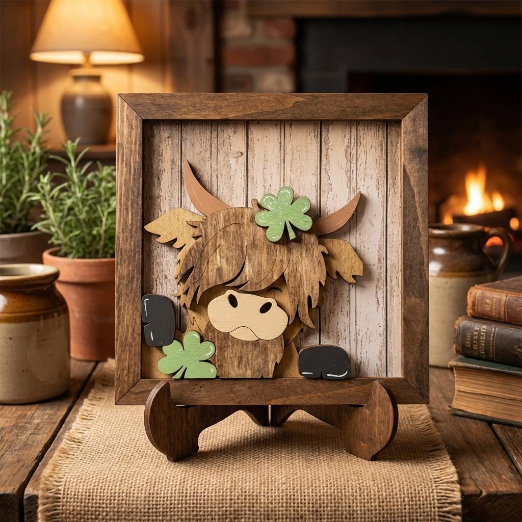 Highland Cow St Patrick’s Day Decor – Rustic Layered Wood Farmhouse Wall Art or Shelf Display – Irish Clover Cow