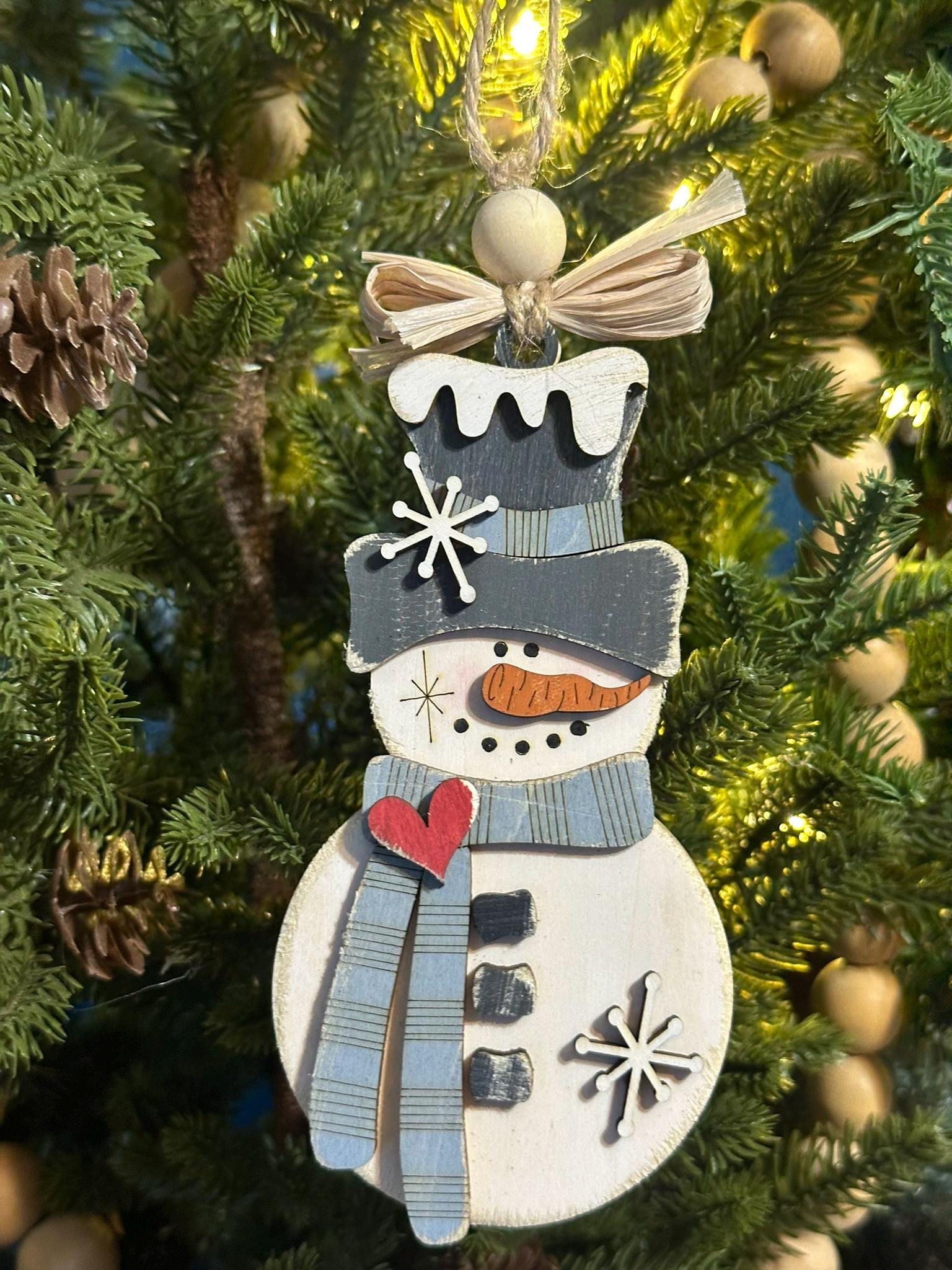 Handmade Rustic Snowman Ornament - Perfect Christmas Tree Decoration, Farmhouse Winter Holiday Decor, Layered Wood Snowman, Handmade Gift