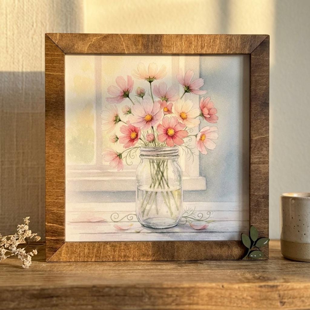 Cosmos Flower Wall Art Sign – Rustic Mason Jar, Leaf Embellishment