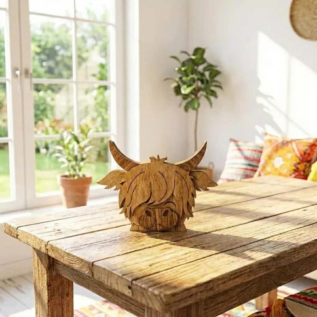 Mini Highland Cow Shelf Sitter – Rustic Farmhouse Wood Decor – Small Tiered Tray Cow – 3 Inch Wood Cow