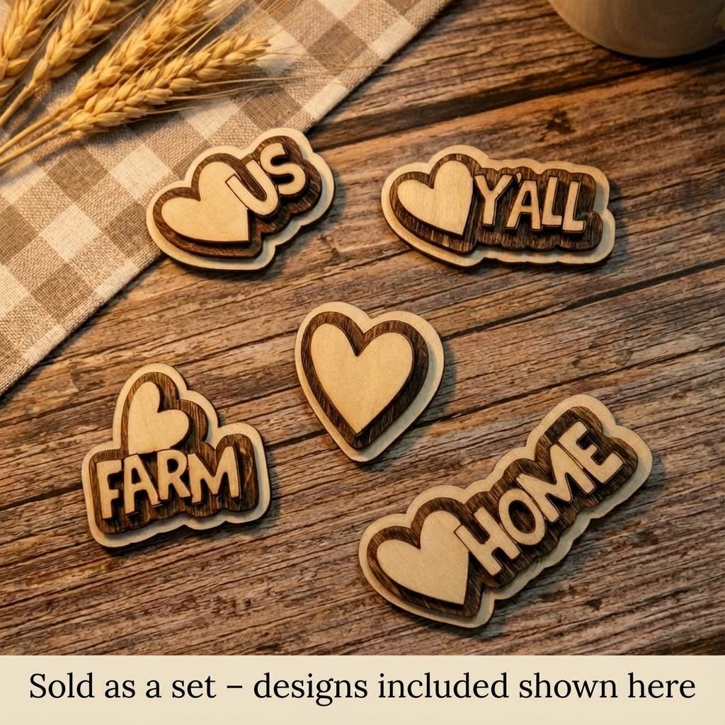 Funny Rustic Wood Magnet Set | Farmhouse Fridge Magnets | Handmade Country Decor | Love Home | Love Y'all | Love Farm | Love Us | Heart
