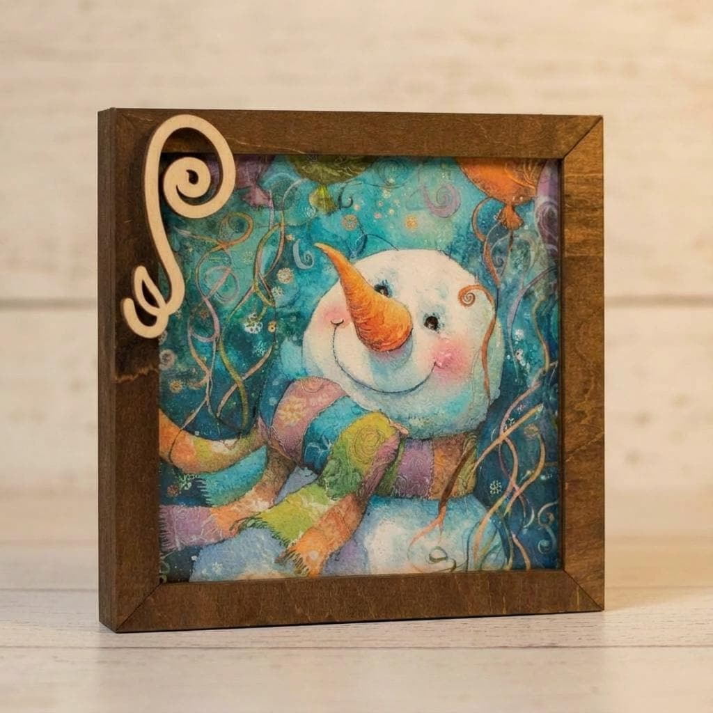 Snowman Art Sign 5.5 Inch – Rustic Farmhouse Winter Decor, Framed Snowman Wall Art, Cozy Christmas Shelf Sign, Handmade Wood Art