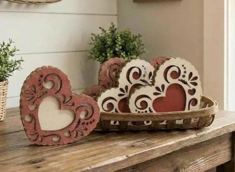 Mini Reversible Lacy Heart Decor – Rustic Valentine Shelf Sitter – Tiered Tray or Basket Stuffer