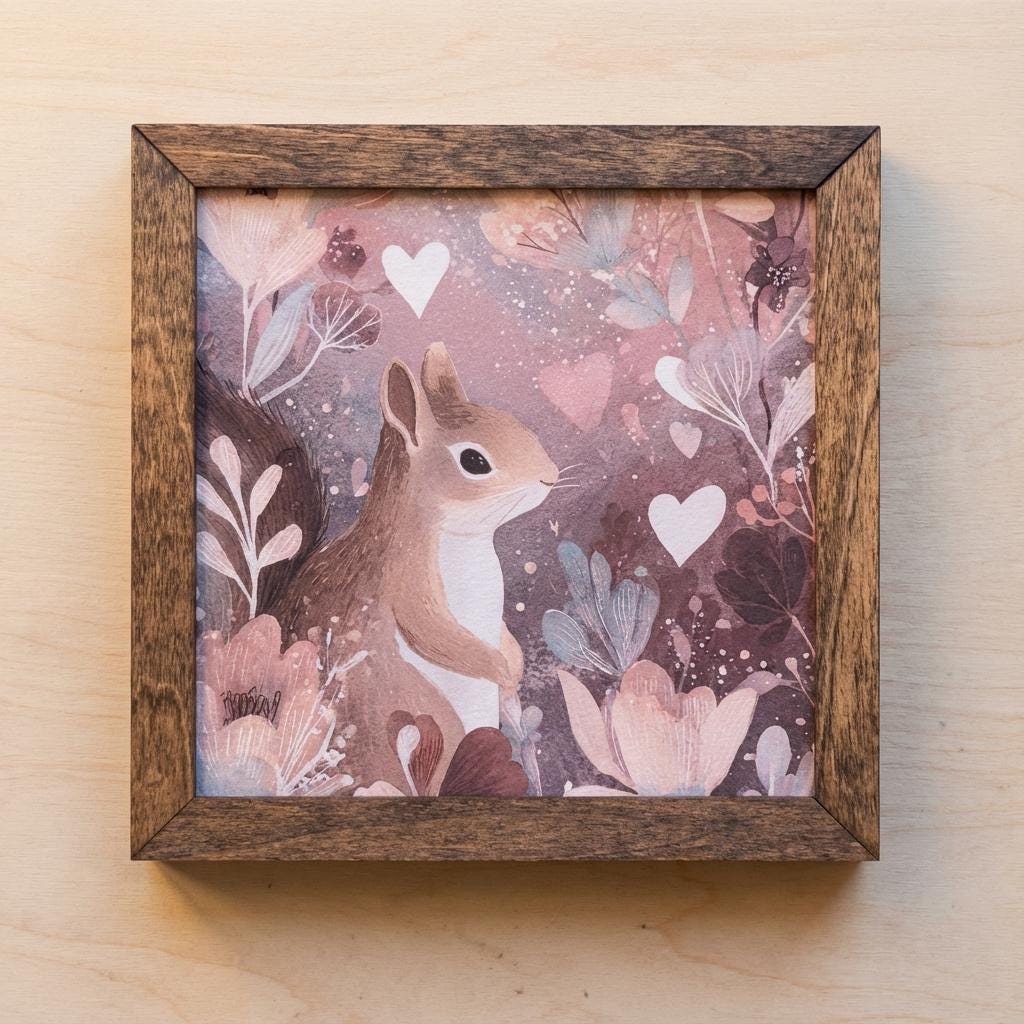 Squirrel Art | Rustic Framed Wood Sign, Floral Woodland Decor