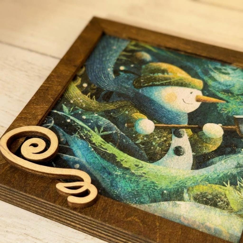 Snowman Art Sign 5.5 Inch – Rustic Farmhouse Winter Decor, Framed Snowman Wall Art, Cozy Christmas Shelf Sign, Handmade Wood Art
