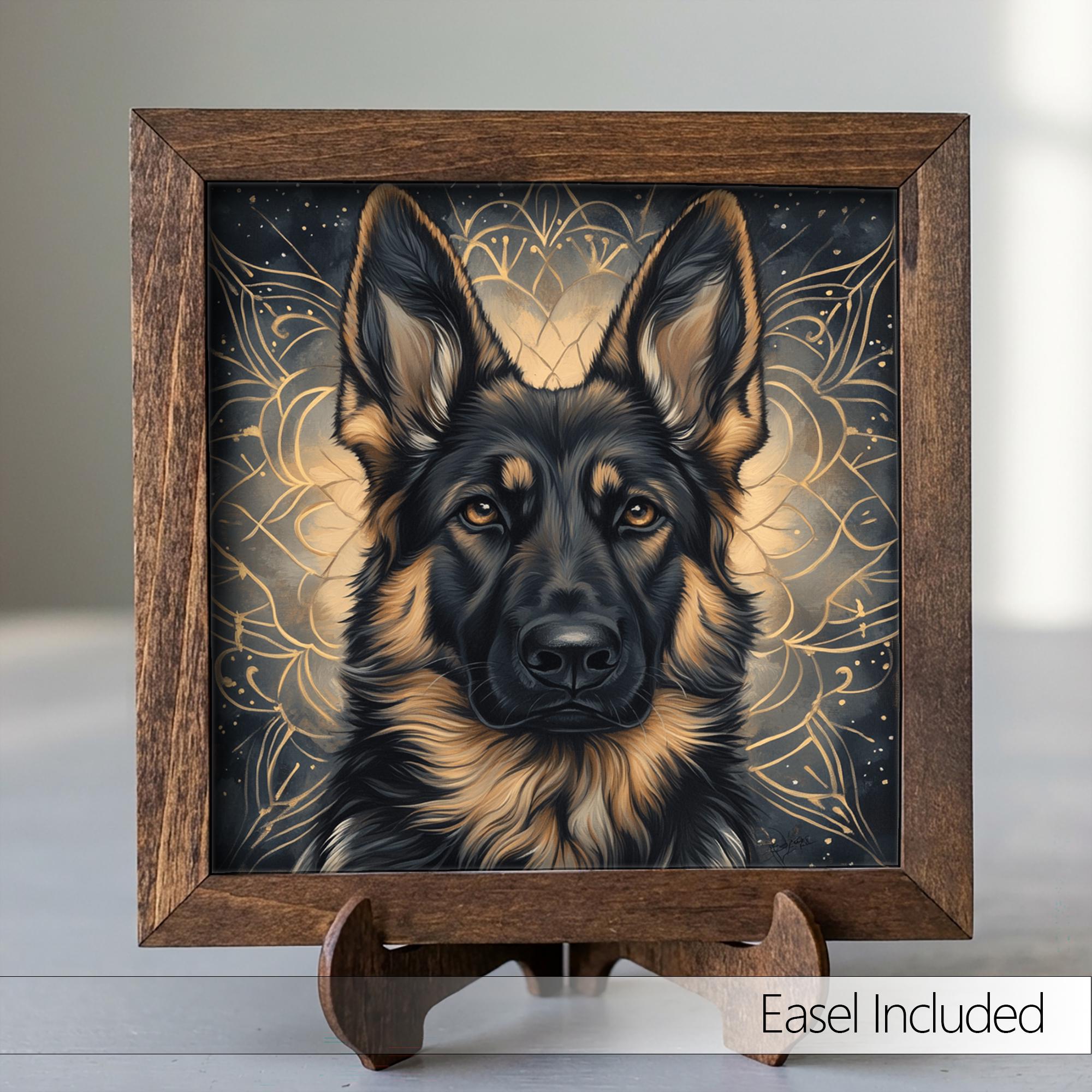 Classic Saddle Pattern German Shepherd Dog Framed Art, Watercolor German Shepherd Portrait, 5.5 Inch Shelf Decor with Easel, Dog Lover Gift