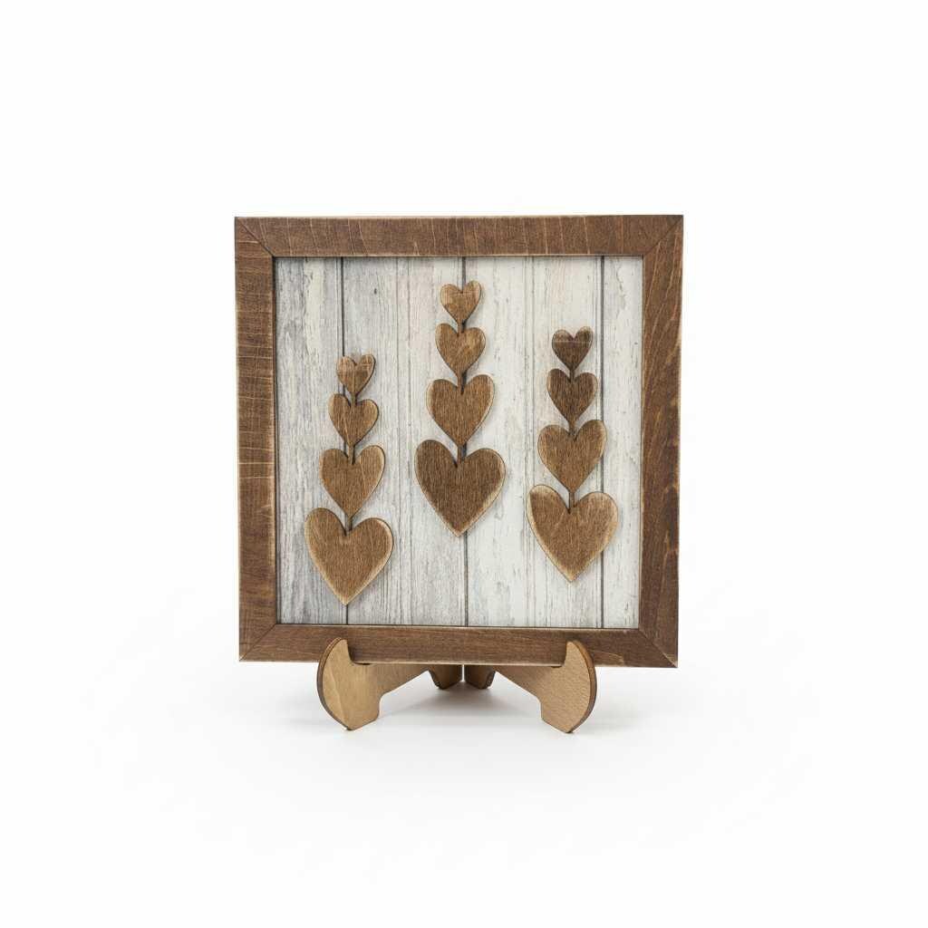 Rustic Tiered Heart Art Sign with Easel – 5.5” Square Shelf Decor – Rustic Farmhouse Tiered Tray Valentine Decor