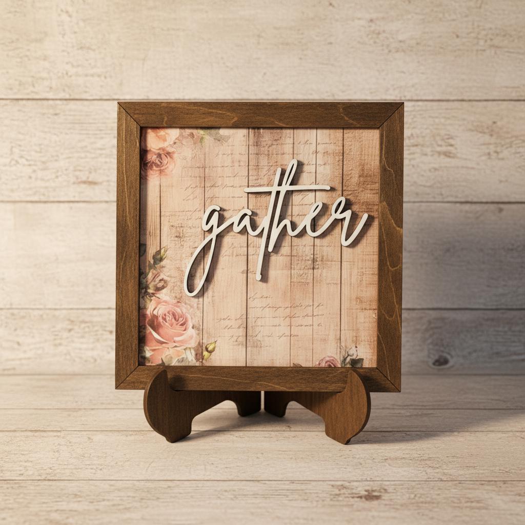 Rustic Welcome Sign | Joy Love Faith Gather Wood Decor | Farmhouse Tabletop Sign | Housewarming Gift