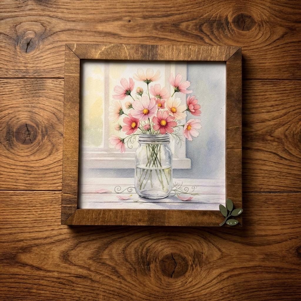 Cosmos Flower Wall Art Sign – Rustic Mason Jar, Leaf Embellishment