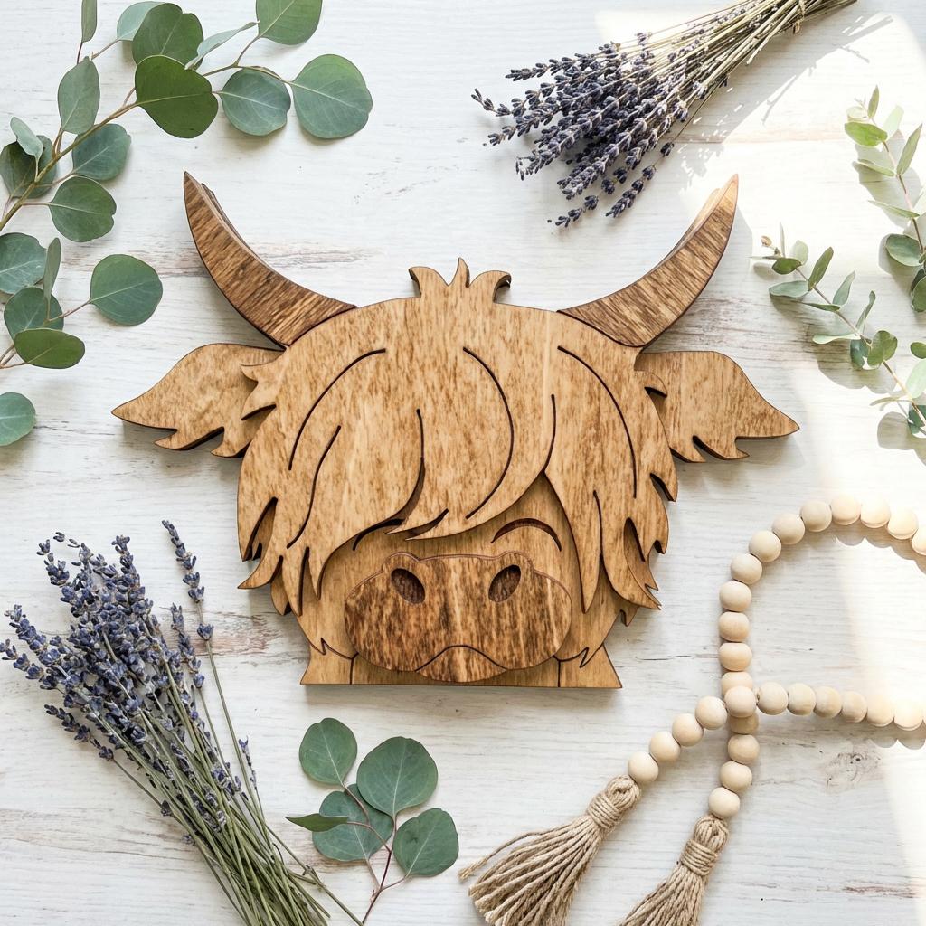 Mini Highland Cow Shelf Sitter – Rustic Farmhouse Wood Decor – Small Tiered Tray Cow – 3 Inch Wood Cow