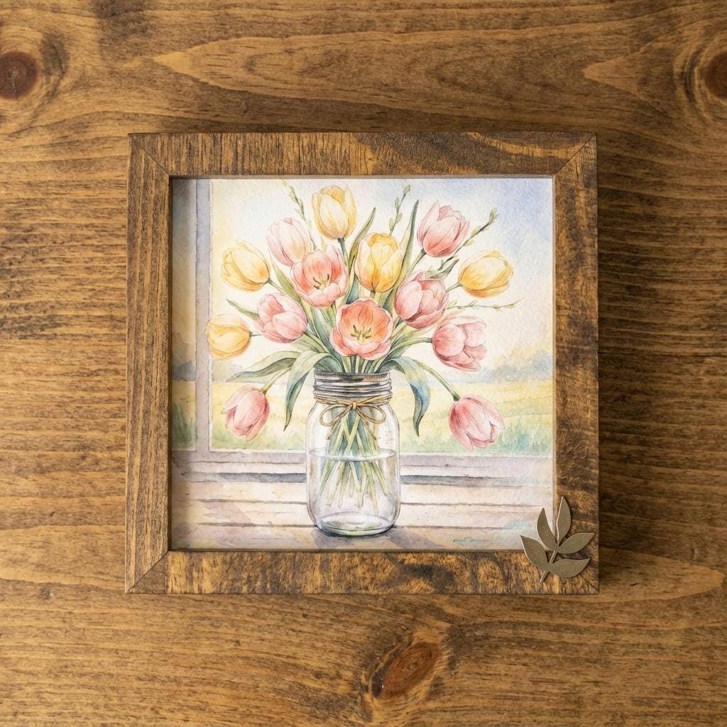 Tulip Mason Jar Wood Sign • Farmhouse Watercolor Floral Art