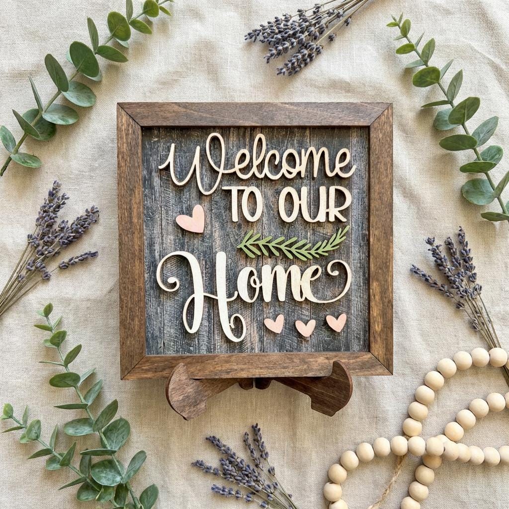Welcome to Our Home Framed Wood Sign, Rustic Farmhouse Decor, Layered Wood Wall Art or Shelf Decor, Housewarming Gift