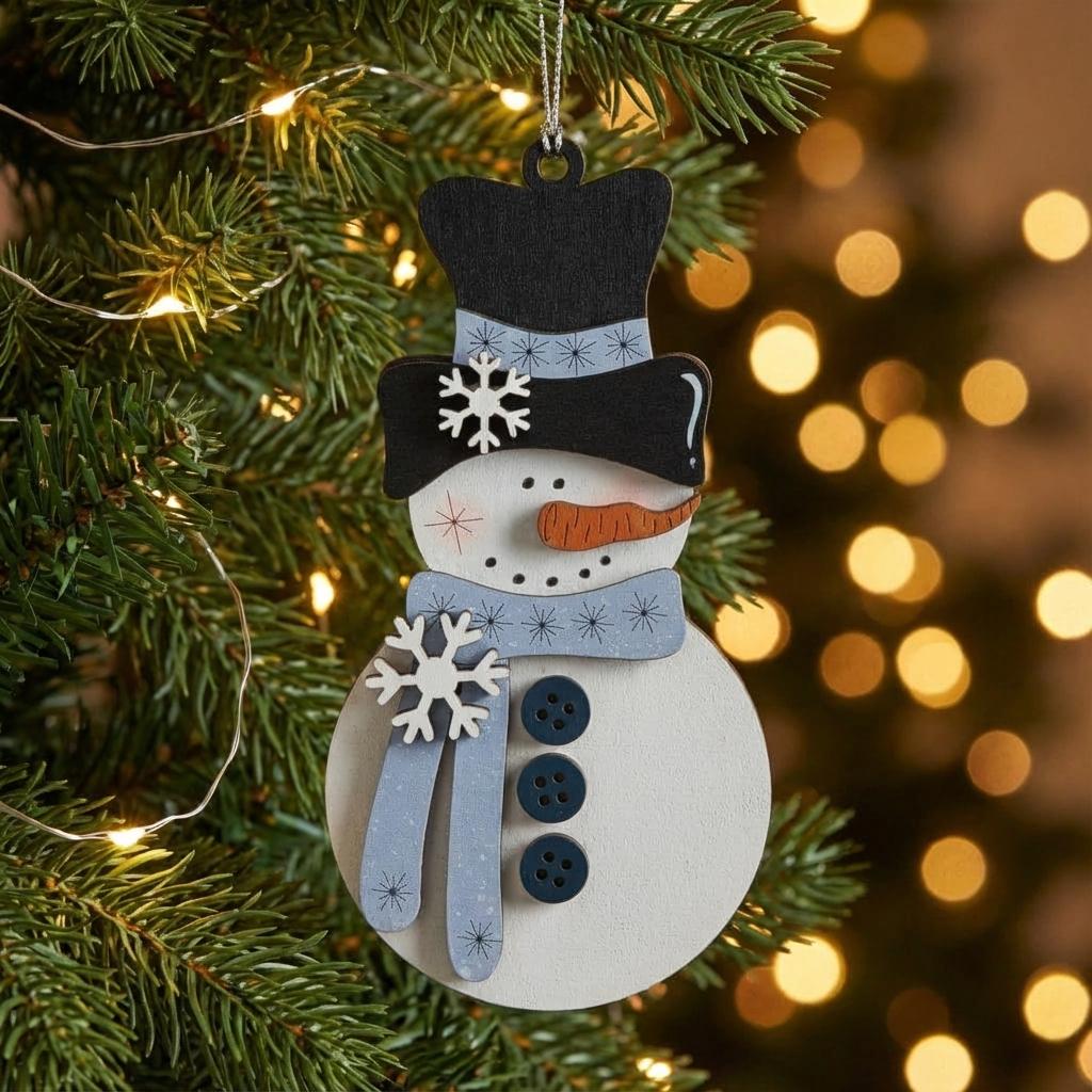 Handmade Snowman Christmas Ornament – Light Blue Scarf Rustic Winter Decor | Layered Wood Snowman | Farmhouse Holiday Ornament Gift
