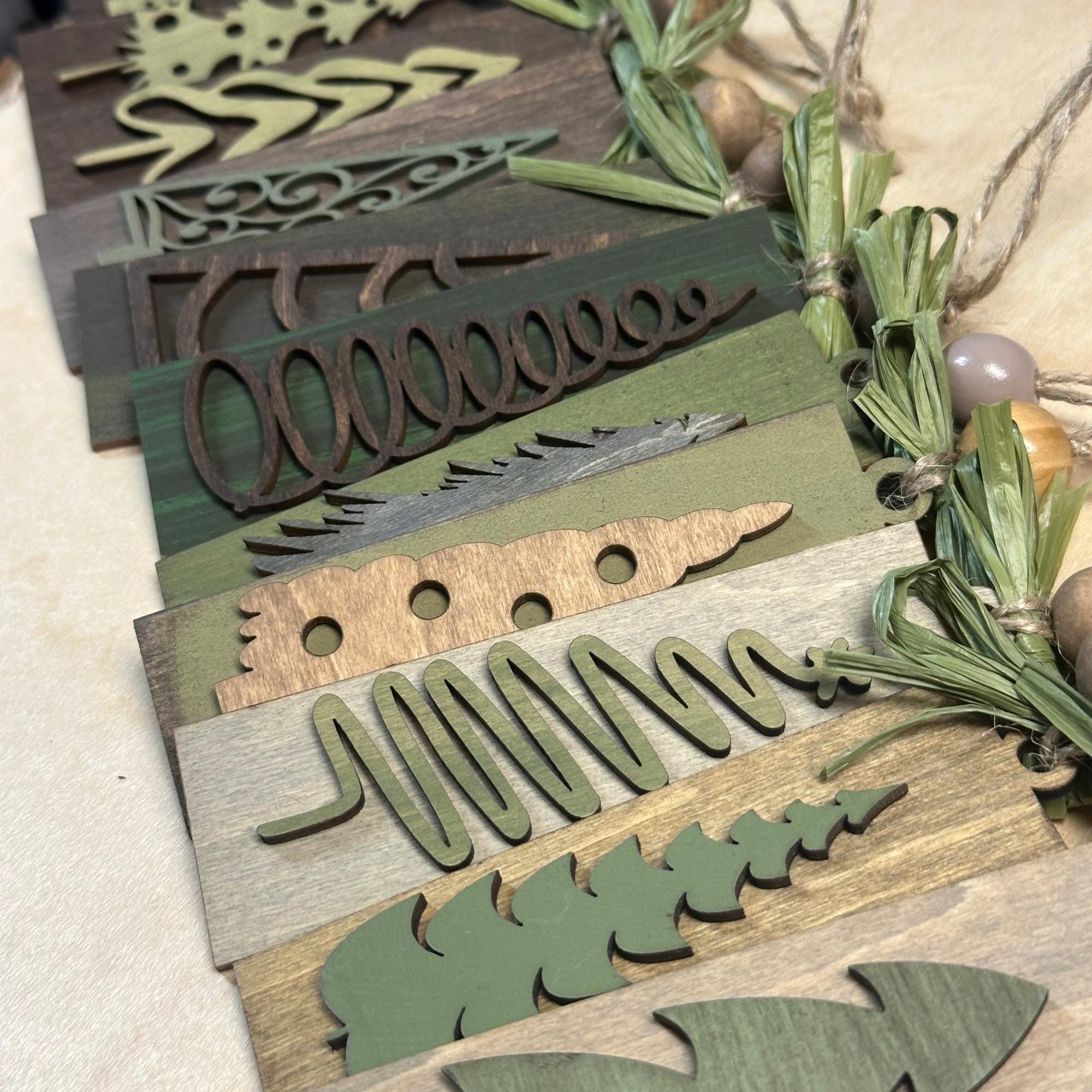 Rustic Christmas Tree Ornaments - Green Gray Brown Stained Vintage Gift Pack or Bulk Winter Tree Holiday Ornament Finished Handpainted