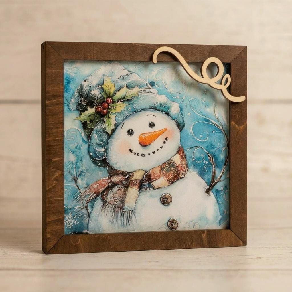 Snowman Art Sign 5.5 Inch – Rustic Farmhouse Winter Decor, Framed Snowman Wall Art, Cozy Christmas Shelf Sign, Handmade Wood Art
