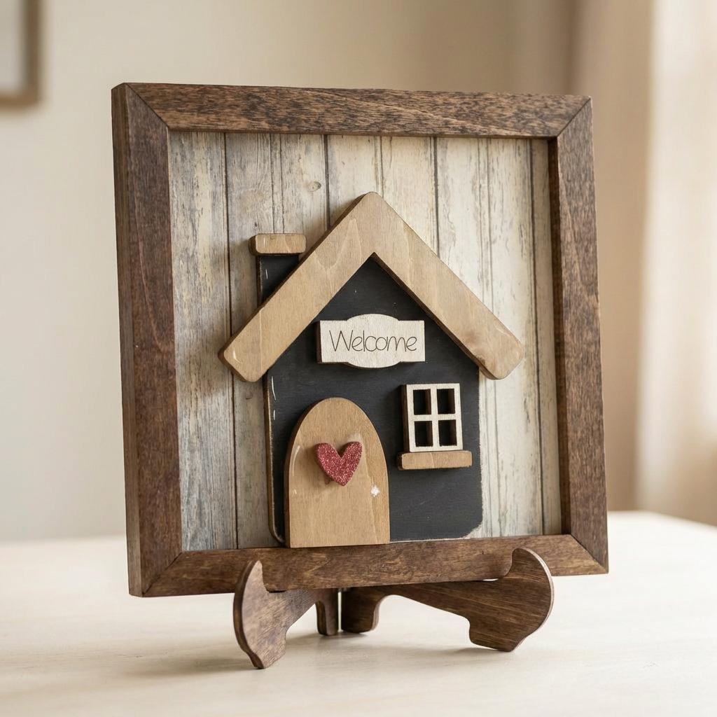 Welcome Wood Sign and Easel – Framed Layered Wood Decor with Easel, Rustic Farmhouse Shelf Sign, Housewarming Gift