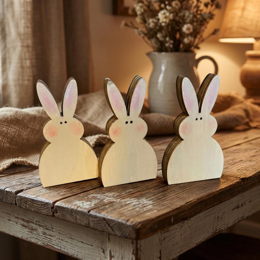 Neutral Mini Bunny Trio – Reversible Wooden Easter Bunnies – Rustic Farmhouse Tiered Tray Decor – 3 Inch Set
