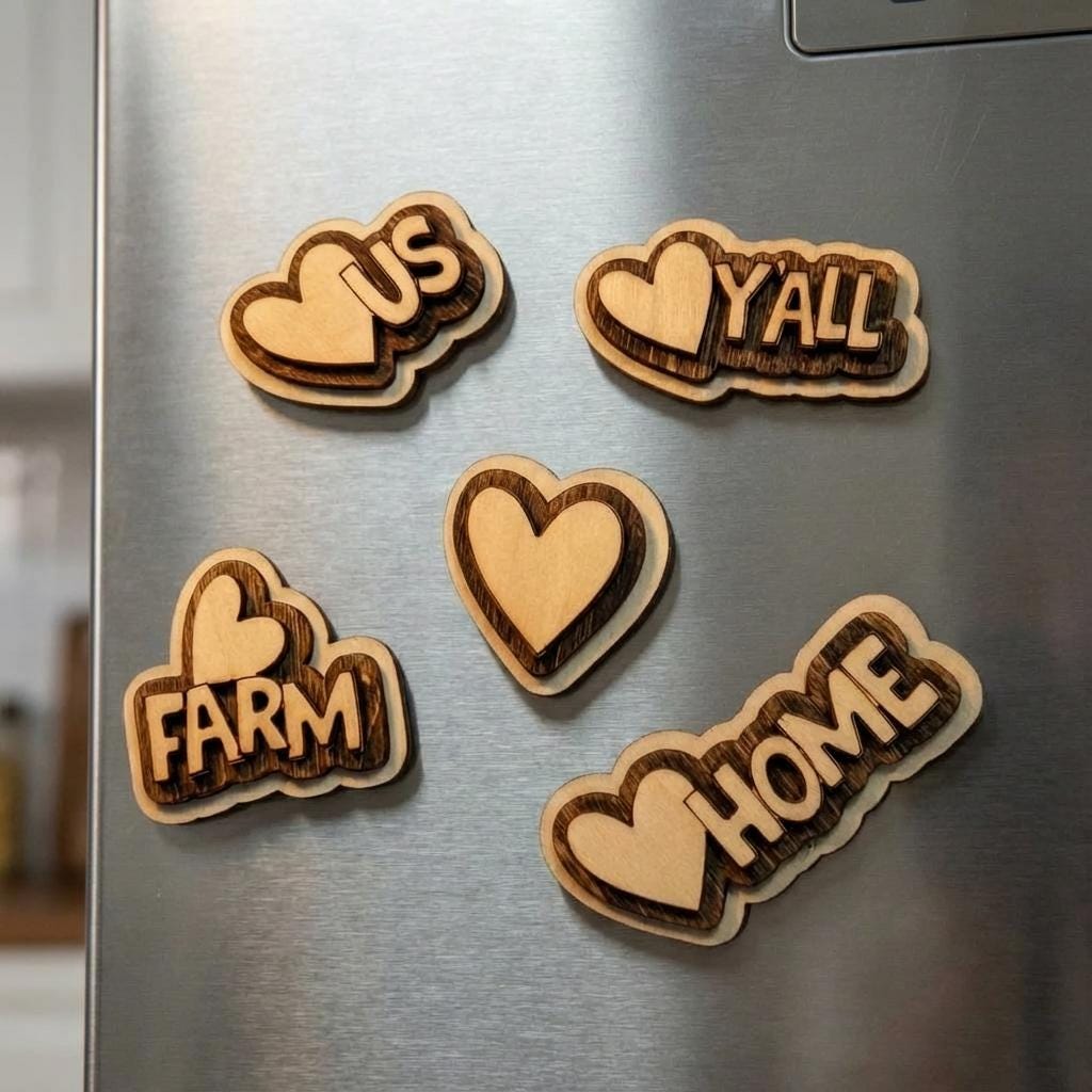 Funny Rustic Wood Magnet Set | Farmhouse Fridge Magnets | Handmade Country Decor | Love Home | Love Y'all | Love Farm | Love Us | Heart