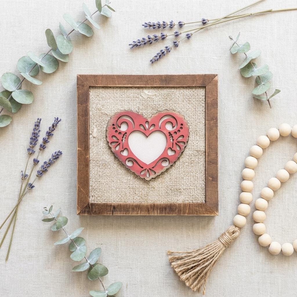 Wedding Anniversary Decor – Framed Lacy Heart Art, Rustic Farmhouse Keepsake