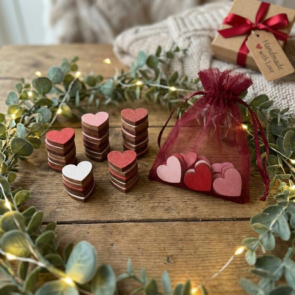 Mini Wooden Heart Decor – Set of 7 – Rustic Valentine Shelf & Bowl Filler