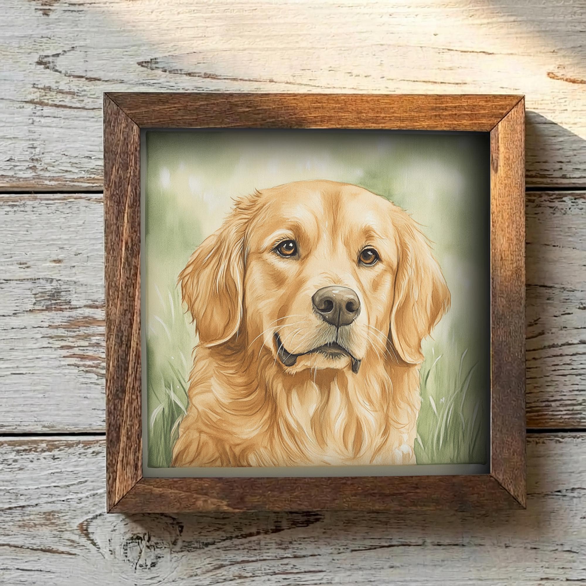 Classic golden Golden Retriever Dog Framed Art, Watercolor Golden Retriever Portrait, 5.5 Inch Shelf Decor with Easel, Dog Lover Gift