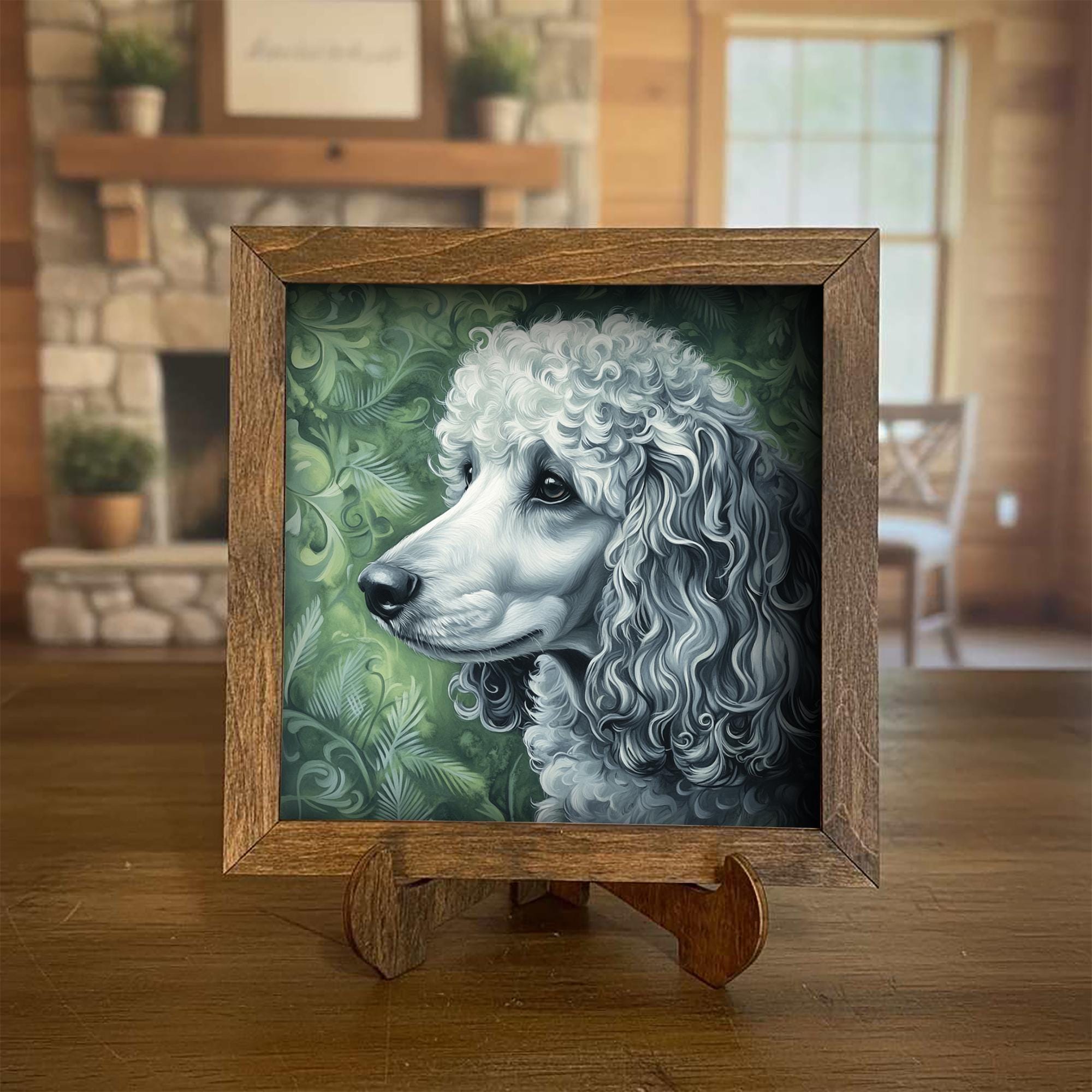 Silver Poodle Dog Framed Art, Watercolor Husky Portrait, 5.5 Inch Shelf Decor with Easel, Dog Lover Gift