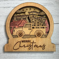 Wooden Layered Snow Globe with Merry Christmas and Tree Truck  - Stained Wood Home Decor Key Hook Rustic
