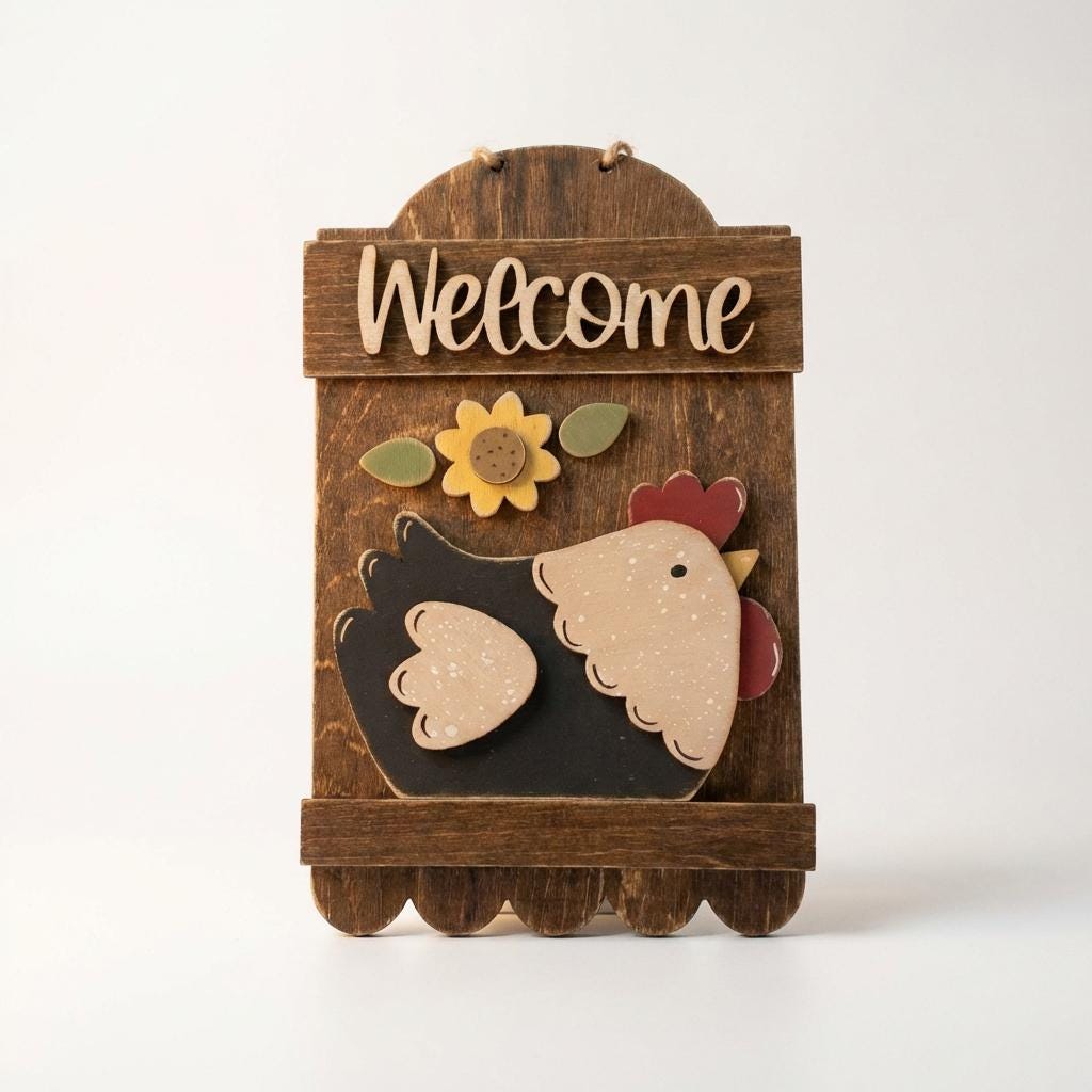 Farmhouse Chicken Welcome Sign | Rustic Layered Wood Hen Decor | Country Kitchen or Entryway Wall Sign