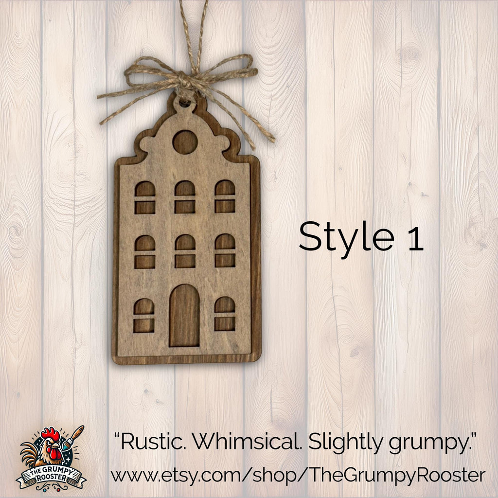 Rustic Wooden House Christmas Ornaments Scandinavian Farmhouse Village Set or Individual Layered Wood Holiday Decor Bulk Discounts Available