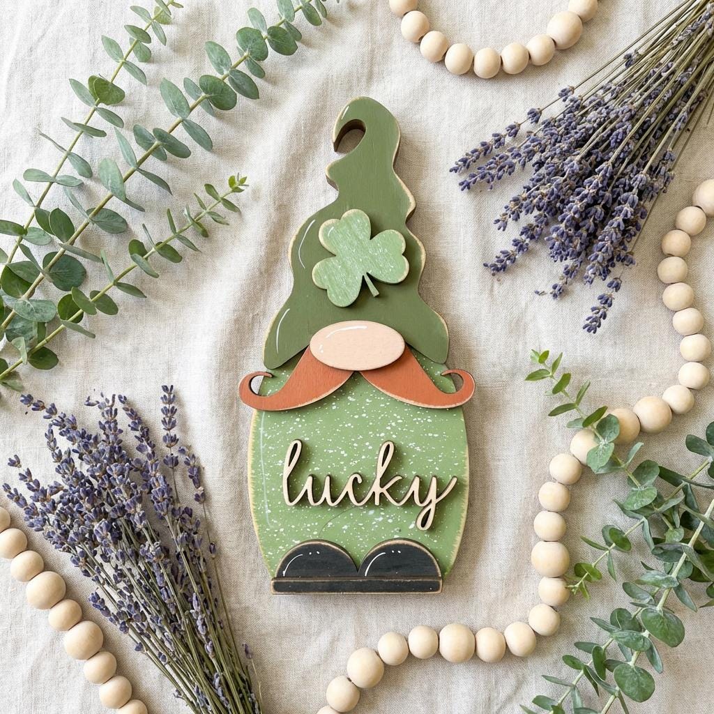 St Patrick’s Day Lucky Gnome | Tiered Tray Shelf Sitter | Lucky Farmhouse Decoration