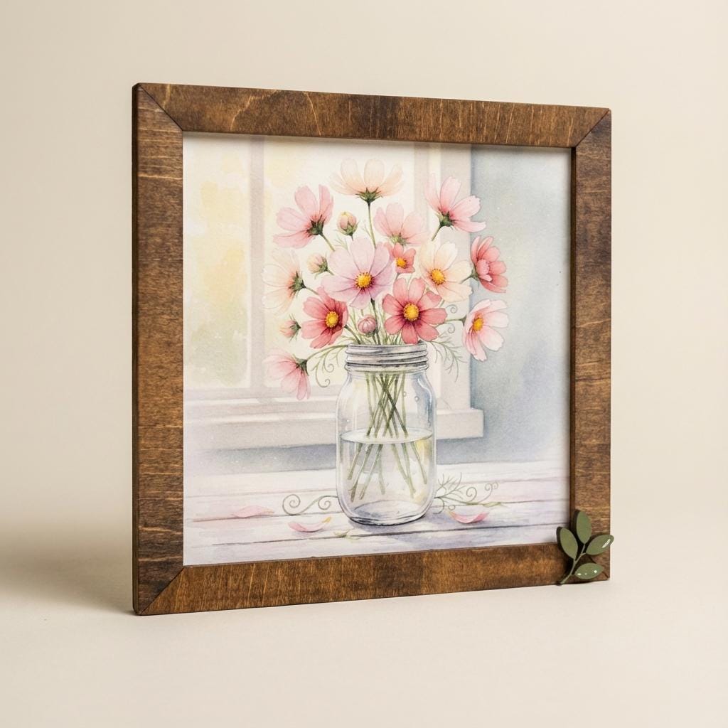 Cosmos Flower Wall Art Sign – Rustic Mason Jar, Leaf Embellishment