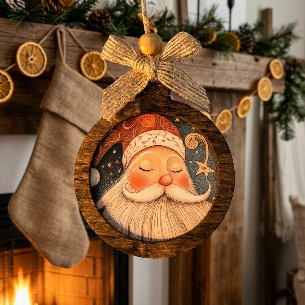 Rustic Santa Ornament Set of 4, Handcrafted Wood Christmas Ornaments, Farmhouse Holiday Decor, Santa Face Ornament Gift Set