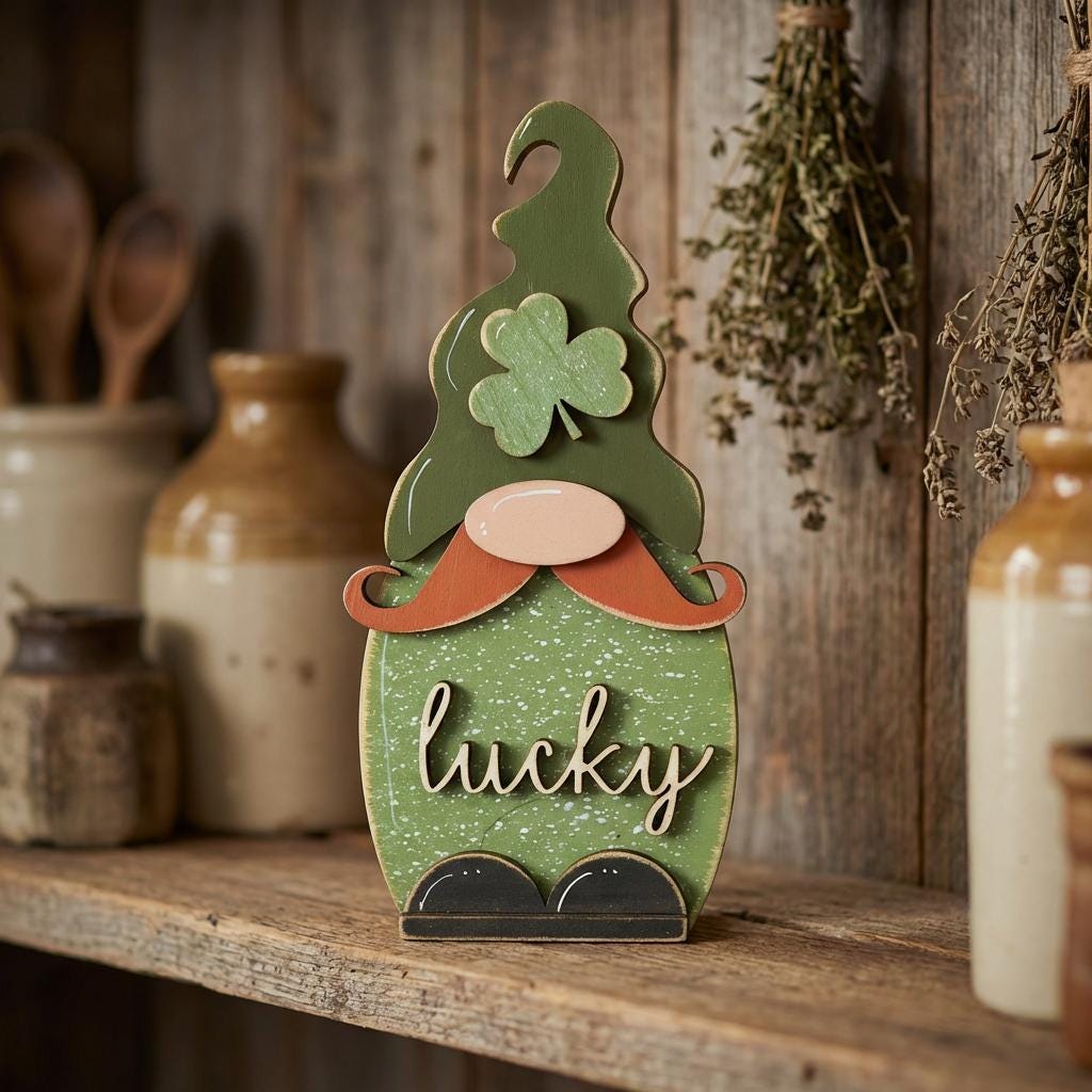 St Patrick’s Day Lucky Gnome | Tiered Tray Shelf Sitter | Lucky Farmhouse Decoration
