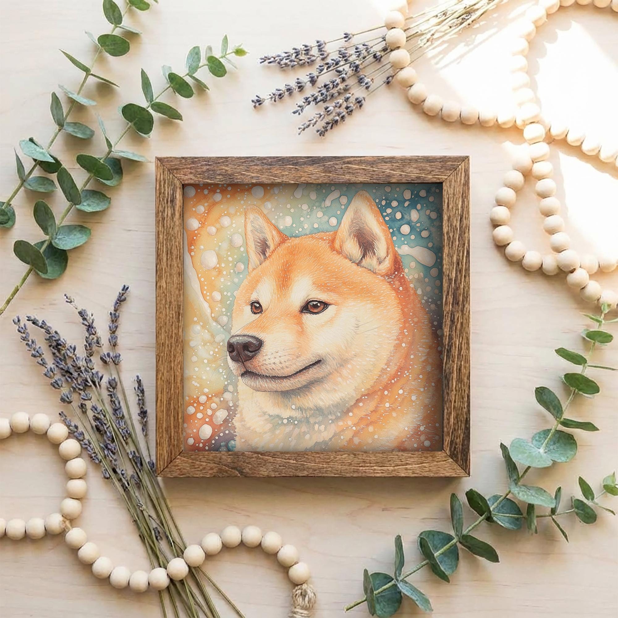 Cream Shiba Inu Dog Framed Art, Watercolor Shiba Inu Portrait, 5.5 Inch Shelf Decor, Dog Lover Gift