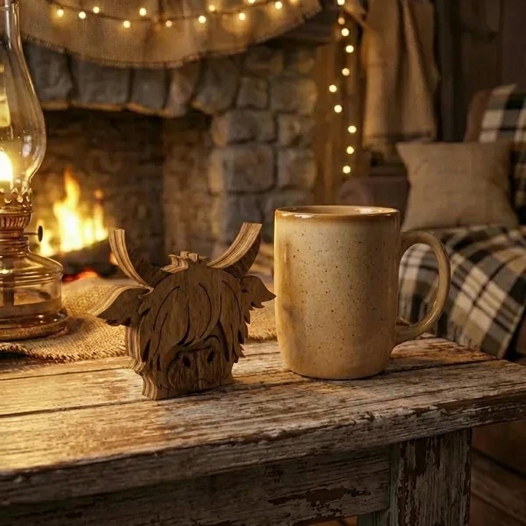 Mini Highland Cow Shelf Sitter – Rustic Farmhouse Wood Decor – Small Tiered Tray Cow – 3 Inch Wood Cow