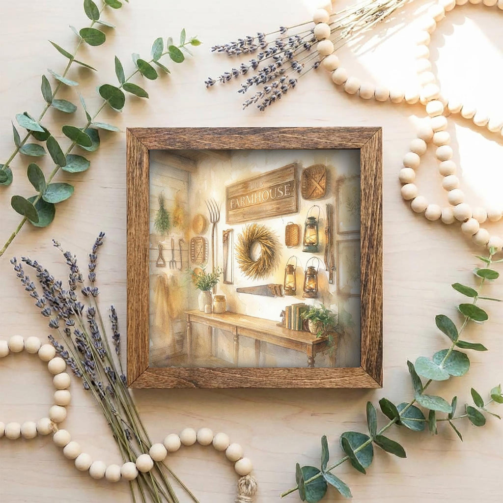 Handmade Farmhouse Framed Art – Rustic Interior Scene, 5.5" Shelf Decor
