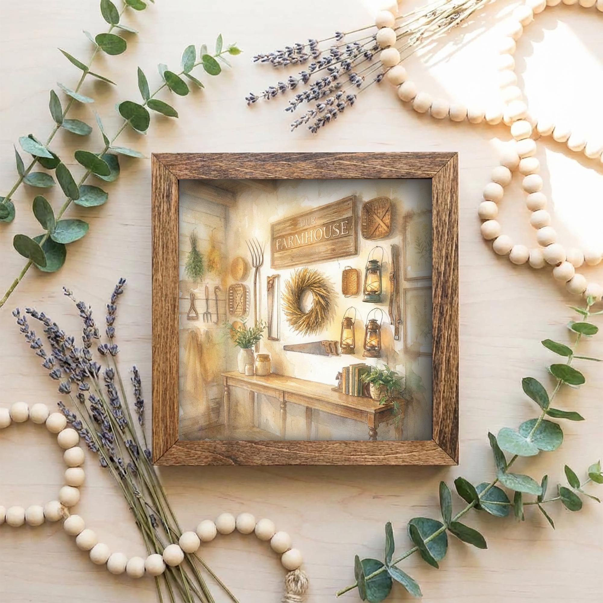 Handmade Farmhouse Framed Art – Rustic Interior Scene, 5.5" Shelf Decor