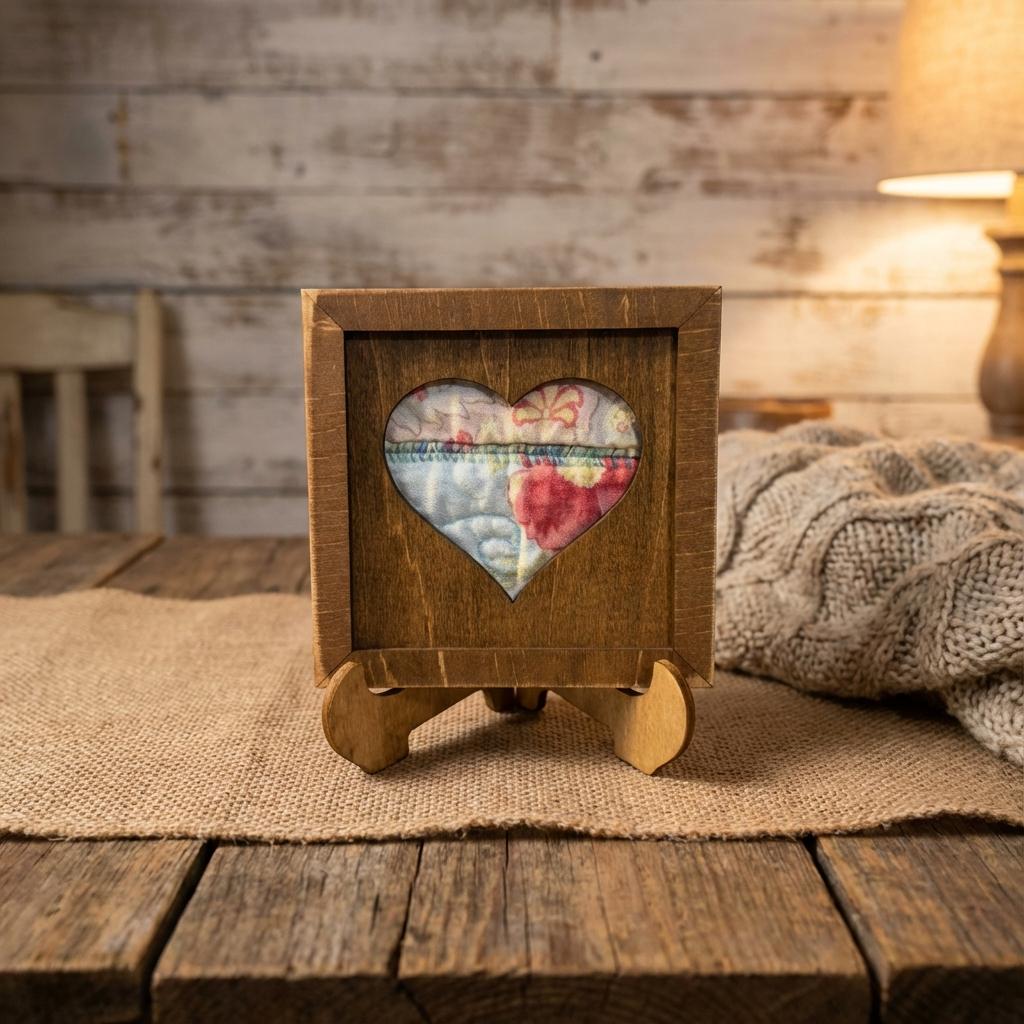 Reclaimed Quilt Heart Wood Sign – 3.75 Inch Rustic Valentine Decor – Handmade Fabric Heart – Farmhouse Shelf Decor INCLUDES Easel