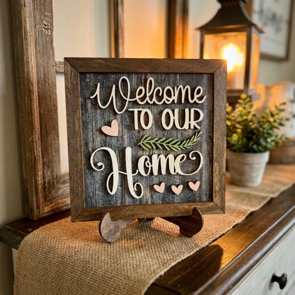 Welcome to Our Home Framed Wood Sign, Rustic Farmhouse Decor, Layered Wood Wall Art or Shelf Decor, Housewarming Gift