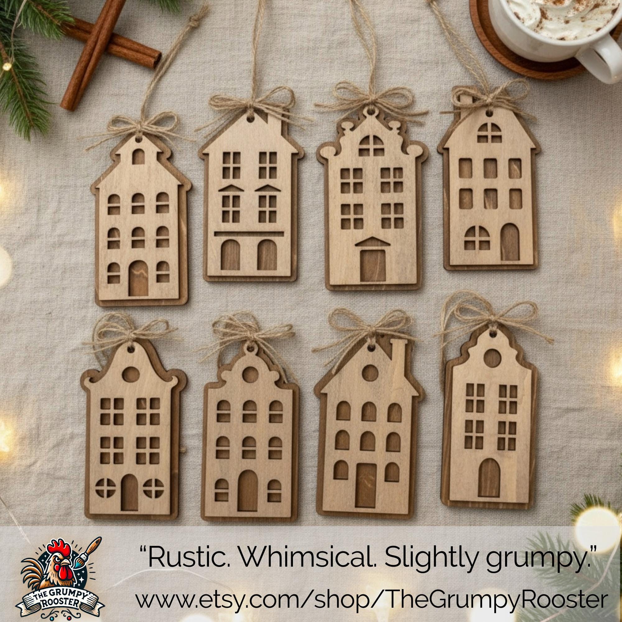 Rustic Wooden House Christmas Ornaments Scandinavian Farmhouse Village Set or Individual Layered Wood Holiday Decor Bulk Discounts Available