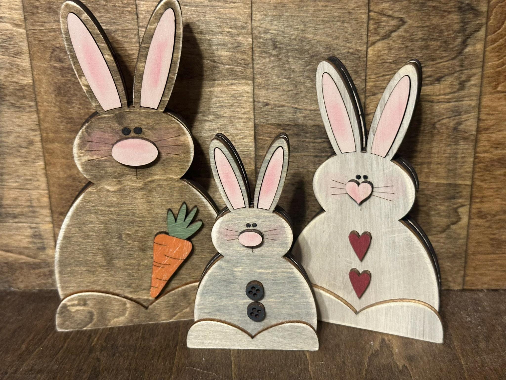 Rustic Wooden Bunny Decor Set – Hand Painted Easter Shelf Sitters – Farmhouse Spring Tiered Tray Decorations – Layered Wood Bunny Rabbits