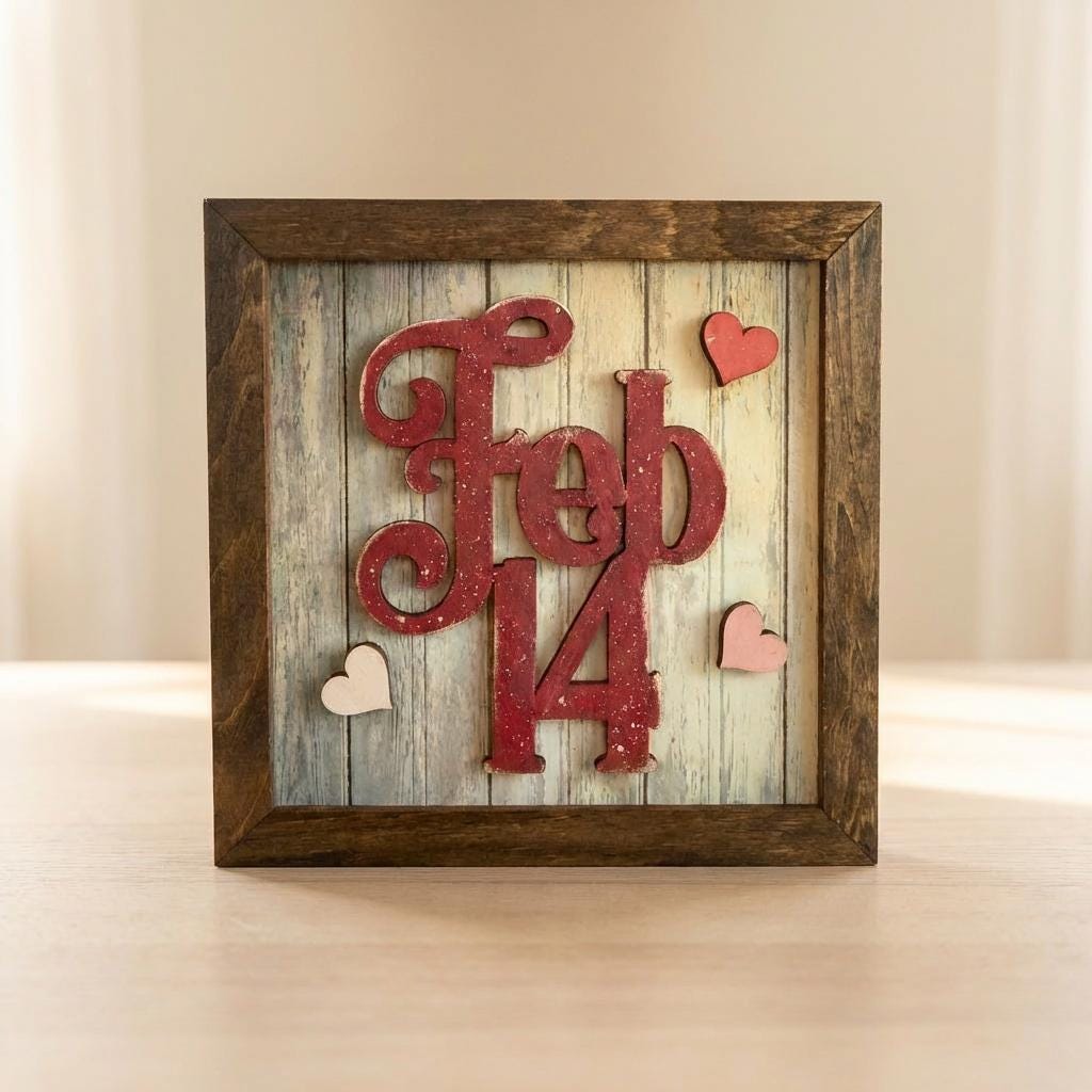 Feb 14 Valentine Sign, Layered Wood Framed Decor, Rustic Valentine Shelf Sign, Farmhouse Valentine Gift, Easel Included
