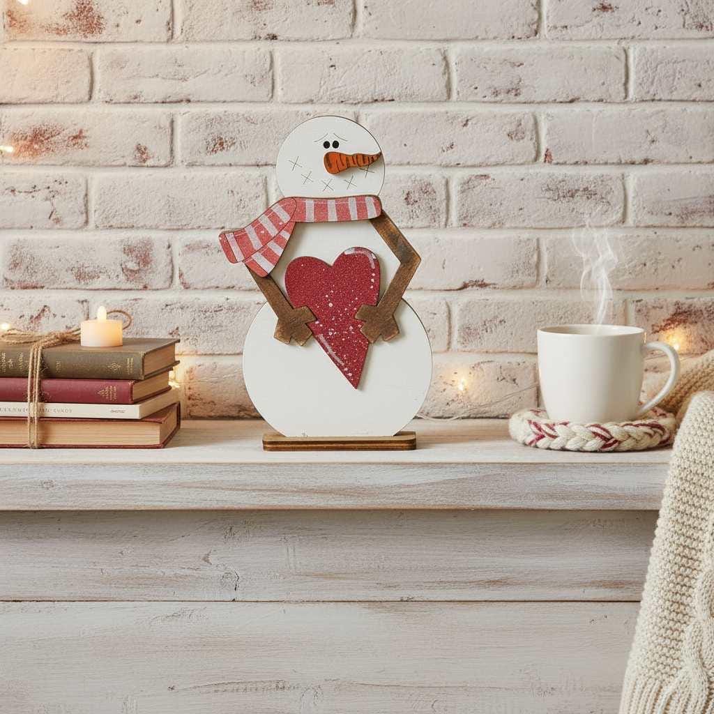 Handmade Snowman Shelf Sitter with Heart | Rustic Farmhouse Winter Decor | Valentine Snowman | 7 Inch Wood Shelf Sitter