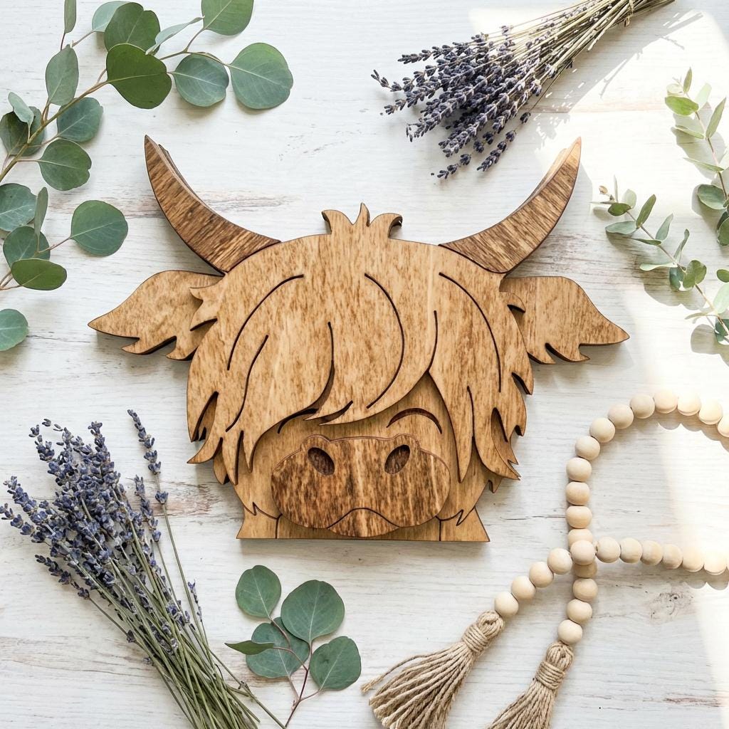 Mini Highland Cow Shelf Sitter – Rustic Farmhouse Wood Decor – Small Tiered Tray Cow – 3 Inch Wood Cow