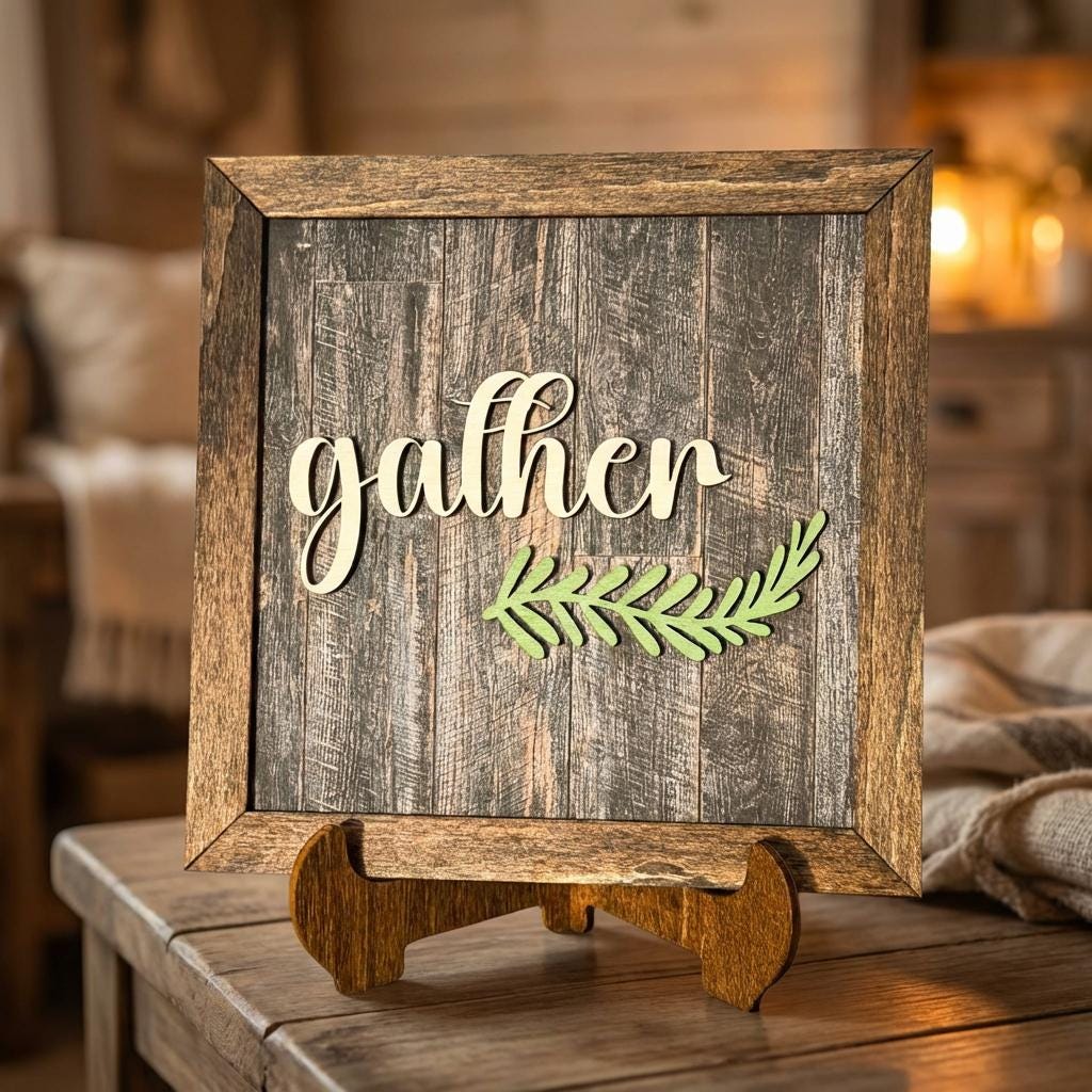 Gather Framed Wood Sign, Rustic Farmhouse Decor, Layered Wood Wall Art or Shelf Decor, Housewarming Gift