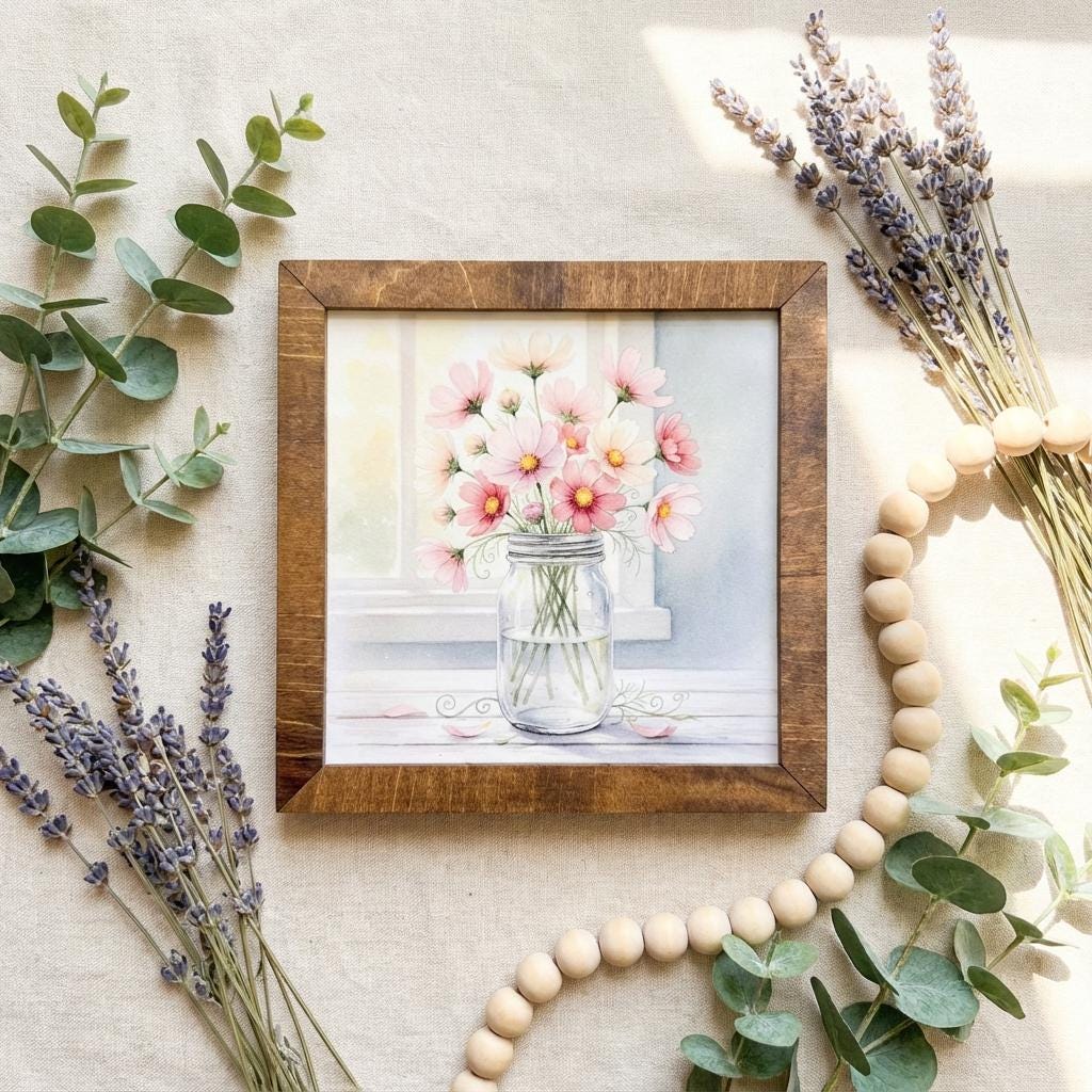 Cosmos Flower Wall Art Sign – Rustic Mason Jar, Leaf Embellishment