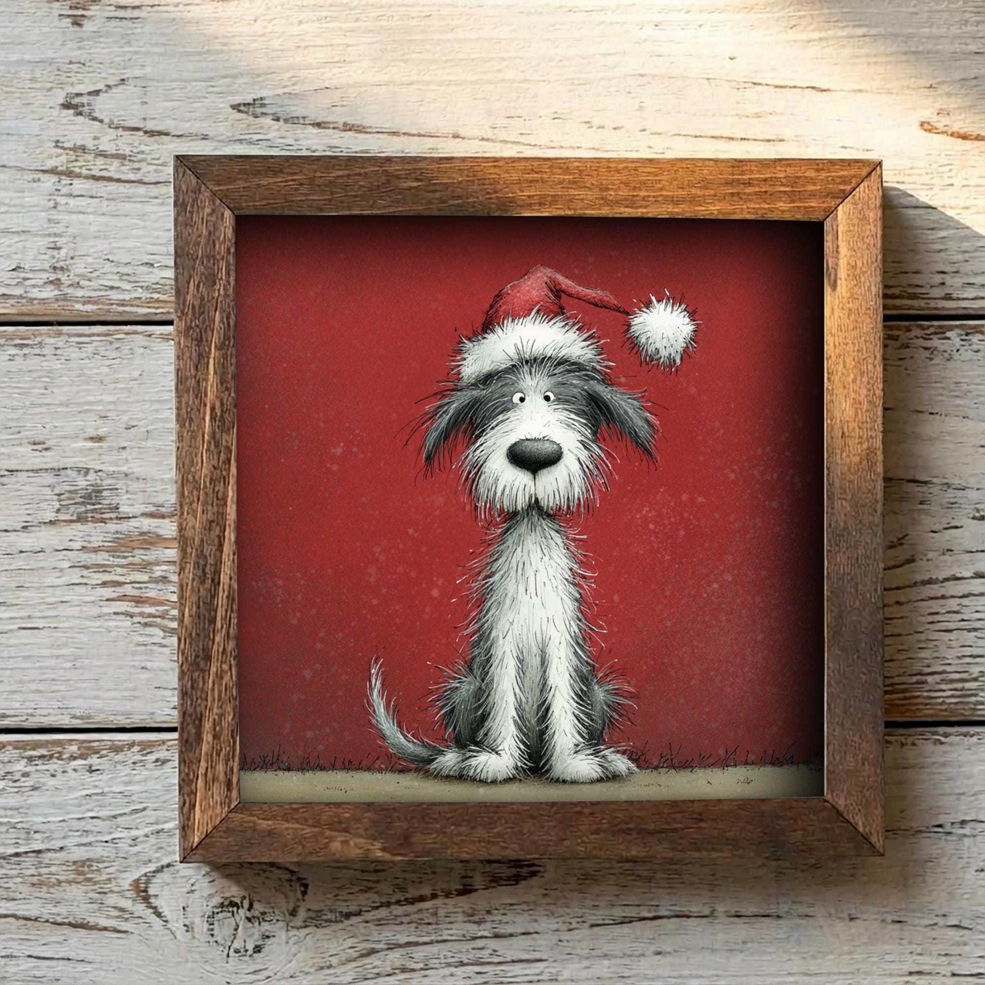 Funny Christmas Dog Framed Art | Whimsical Holiday Dog Illustration | Pet Lover Christmas Decor | Rustic Wood Frame | Easel Included