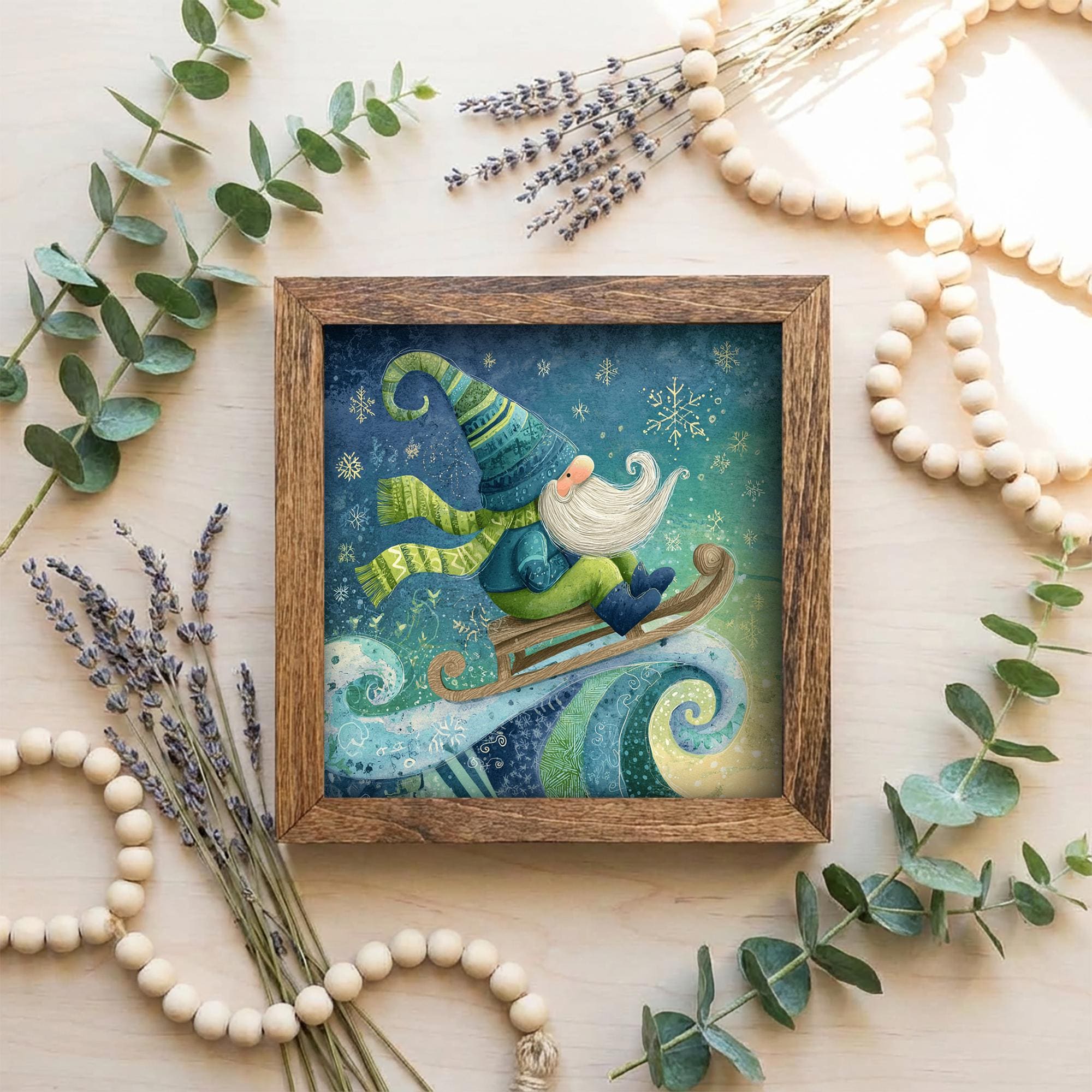 Winter Gnome Framed Art | Whimsical Christmas Decor | Cozy Nordic Gnome Illustration | Rustic Farmhouse Frame